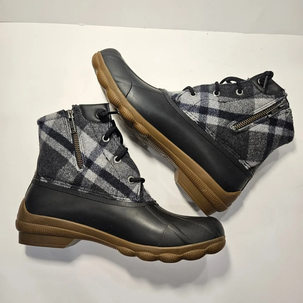 Sperry Syren Saltwater Duck Boots Womens 8 Black Grey‎ Buffalo Plaid Waterproof